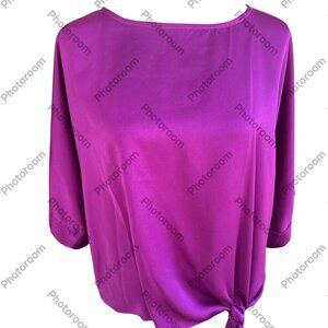 She + Sky  Small Flowy Purple Dolman Short Sleeve Side Tie Satiny Blouse
